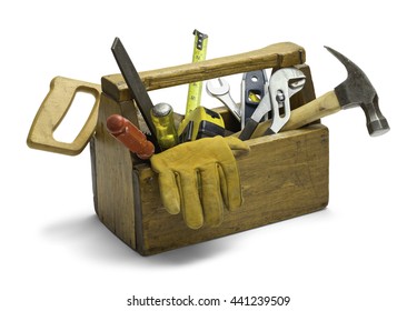 Old Wooden Tool Box Full of Tools Isolated on White Background.
