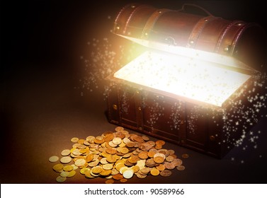 Old wooden treasure chest with strong glow from inside.