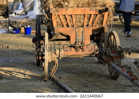 An old wooden wagon with hay in the back. The wagon is on a dirt road. There are two people in the background