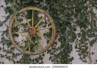 An old wooden wagon wheel has found a nice use again and decorates a facade that is overgrown with ivy.