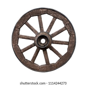 Old wooden wagon wheel isolated on white background