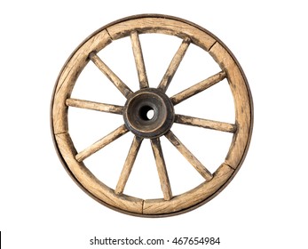 Old Wooden Wagon Wheel Isolated On White Background