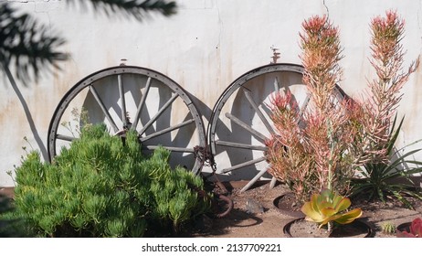 Old wooden wheel, white wall in mexican rural homestead garden. Succulent plants in provincial village, countryside rustic ranch decor. Hispanic house exterior, country home in California in greenery.