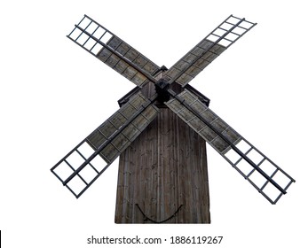 Old Wooden Windmill Ll Among The Field. Isolated On White Background