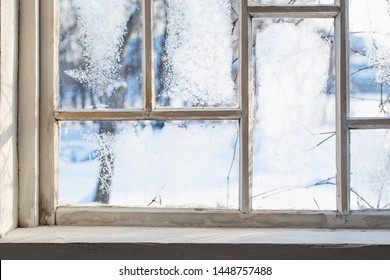 Old Wooden Window With Winter Frost