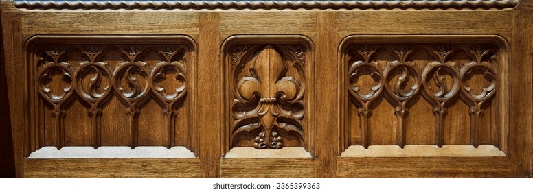 Old wooden wood carving. A piece of furniture. - Shutterstock ID 2365399363