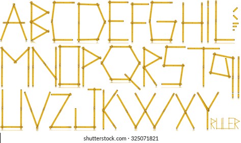 Old wooden yellow meter ruler in the shape of letters and punctuation marks. Isolated on white background.