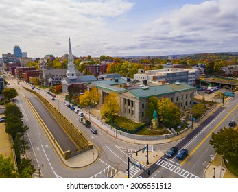 Old Worcester District Court aerial view at 2 Main Street with fall foliage in city of Worcester, Massachusetts MA, USA. 