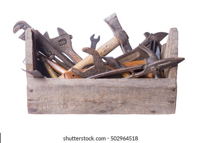 Old Working Tools In An Old Box On White Background