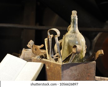 Old workshop table with tools