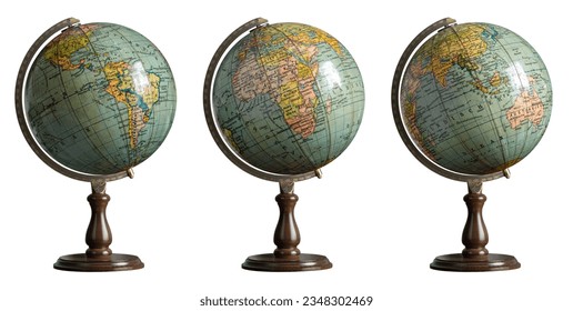 Old world Globe isolated on white background. Three hemispheres of the globe in antique style. South and North America and Africa, Asia, Europe, Australia. - Powered by Shutterstock