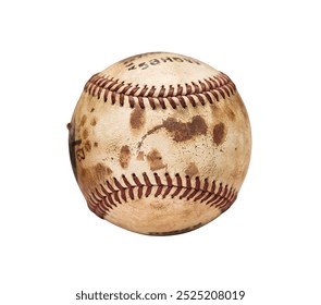 An old, worn baseball with red stitching