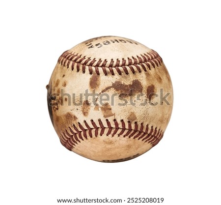 An old, worn baseball with red stitching