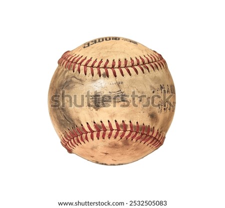 An old, worn baseball with red stitching