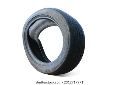 old worn damaged tire isolated on white background as pattern of damaged tire for advertising tire shop or car tire shop