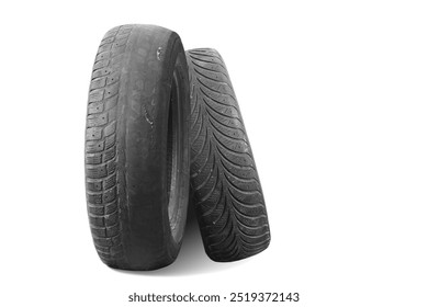 old worn damaged tires isolated on white background as pattern of damaged tire for advertising tire shop or car tire shop - Powered by Shutterstock