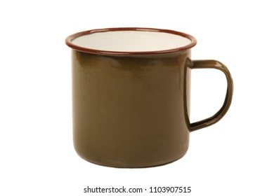 Old Worn Enameled Mug Isolated On White Background