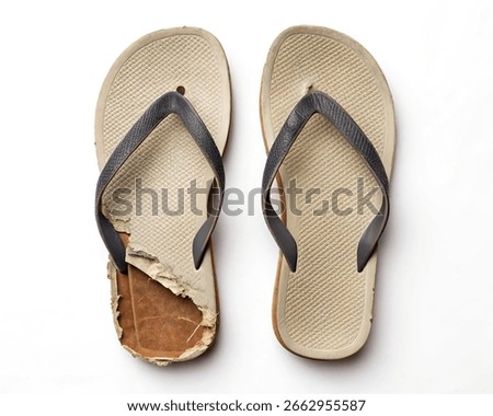 Old and worn flip flops sitting side by side on a plain background showcasing their distinct damage and age