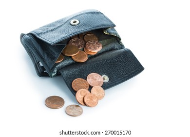 Old Worn Leather Wallet With Small Money, Some Euro Coins Spilling Out, Isolated On White Background