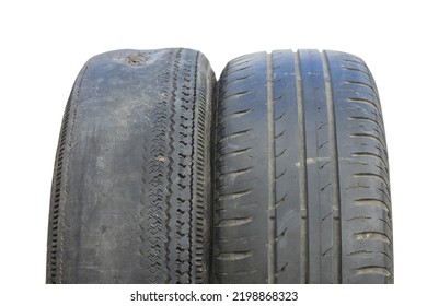 old worn out summer tire next to another old summer tire isolated on white background as sample of damaged summer tires from two summer tires - Shutterstock ID 2198868323