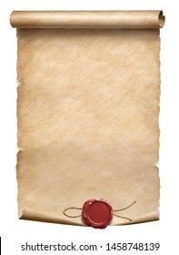 Old worn parchment scroll with red wax seal isolated on white