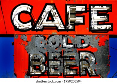 Old Worn Roadsign Cold Beer Vintage Americana On Road Roadside Cafe