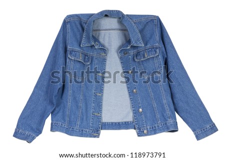 Old worn rural village cowboy's dark blue cotton mass production jacket. Isolated with patch