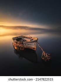 Old wrecked fishing boat sunrise calm sunset