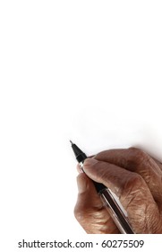 An Old Wrinkled Hand Holding A Pen Against A White Paper Background