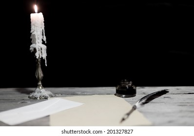 Old Writing Desk With Its Chandelier And Pen