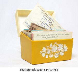 Old, Yellow 1960s Recipe Box With Handwritten Recipes On Index Cards