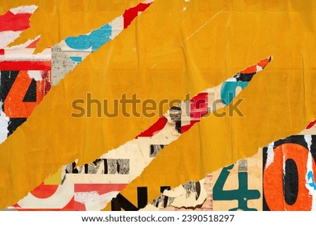 Old yellow blank ripped torn posters grunge texture background creased crumpled paper backdrop placard surface empty blank copy space for text