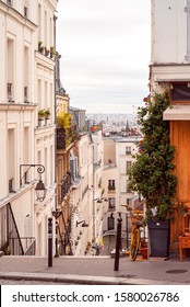 Old Yellow Bycicle On Streets Of Montmartre In Sunny Autumn Afternoon. France. Paris. Autumn In France, Old Town