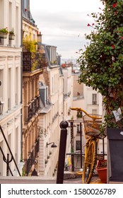 Old Yellow Bycicle On Streets Of Montmartre In Sunny Autumn Afternoon. France. Paris. Autumn In France, Old Town