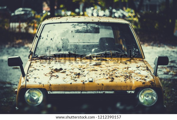 The old yellow car is dirty not in use and have many\
dry leaf on car hood