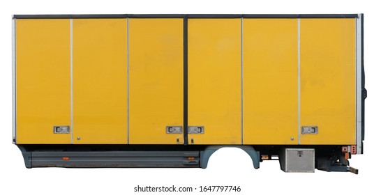 Old Yellow Freight Van Wagon. Isolated On White Outdoor Object. Mass Production