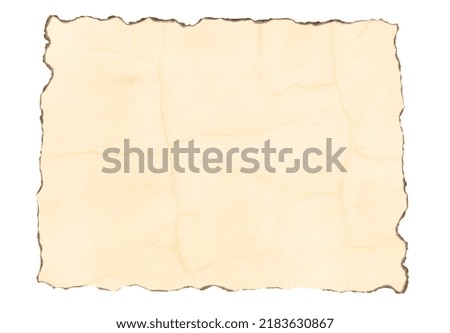 Old yellow paper, with a texture of wrinkling and burnt on all sides, which makes the edges jagged and crimped. Yellow paper isolated on white background.