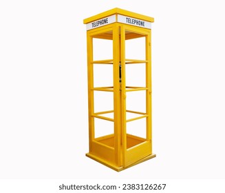 Old yellow phone booth isolated on white background. Public telephone booth Designed by Sir Gilles Gilbert Scott, familiar symbol on UK road (yellow telephone box). - Powered by Shutterstock