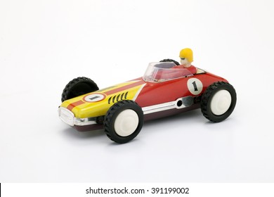 Old Yellow And Red Racing Car - Vintage Toy Car - White Background - Number One