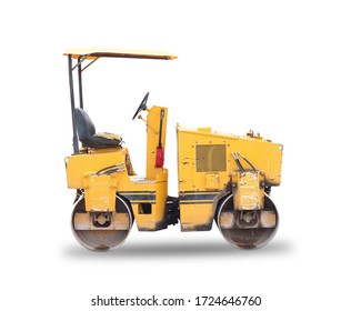 Old Yellow Steamroller Isolated On White Background, This Has Clipping Path.