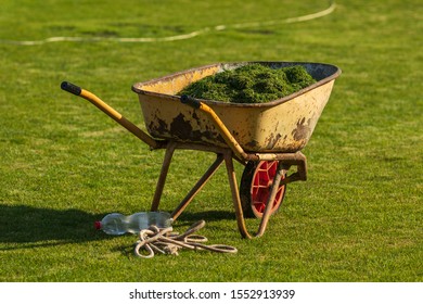 Old Yellow Wheel Barrow Full Of Grass Clippings Sitting On A Freshly Cut Green Lawn. Centered In The Frame, Horizontal Layout. 