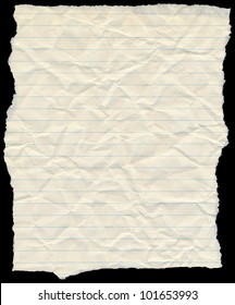 Old Yellowing Crumpled Lined Paper Torn Edges Isolated On Black.