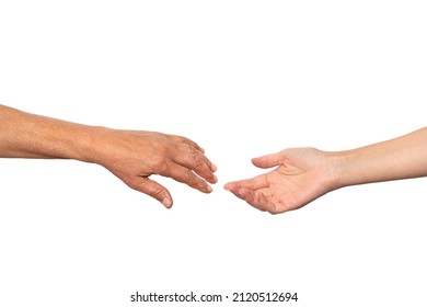 Old And Young Female Hands Are Trying To Touch Each Other, Isolated On A White Background. The Concept Of Human Relations, Community, Unity, Culture And Religion