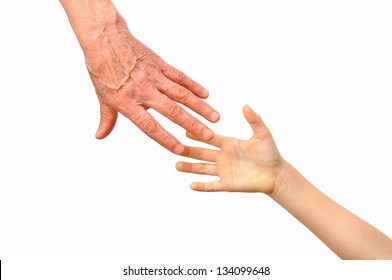 Old And Young Hands Of Grandmother And Her Granddaughter. Isolated On White Background.