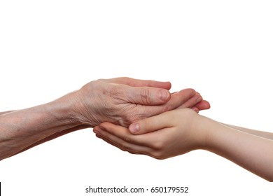 Old And Young Holding Hands Of Each Other, Isolated On A White Background.