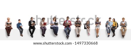 Old and young people sitting on a banner reading books isolated on white background