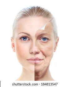 Old And Young Woman, Isolated On White, Before And After Retouch, Beauty Treatment, Skin Care Concept.