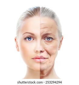 Old and young woman, isolated on white, before and after retouch, beauty treatment, aging concept.