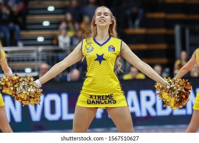 Oldenburg, Germany, November 20, 2019: Cheerleader Of The EWE Baskets Oldenburg Dancing During A Eurocup Match At The Kleine EWE Arena.
