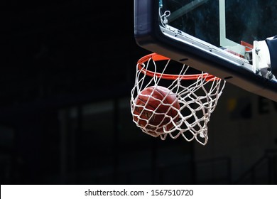 Oldenburg, Germany, November 20, 2019: Eurocup. Ball Inside The Basket During A Eurocup Match At The Kleine EWE Arena In Germany.